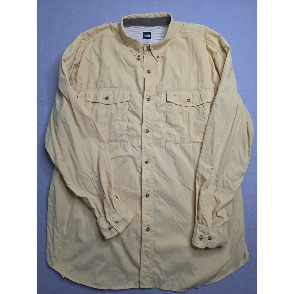 The North Face Fishing Shirt Mens XL Yellow Mesh Lined Vented Roll Tab Sleeve